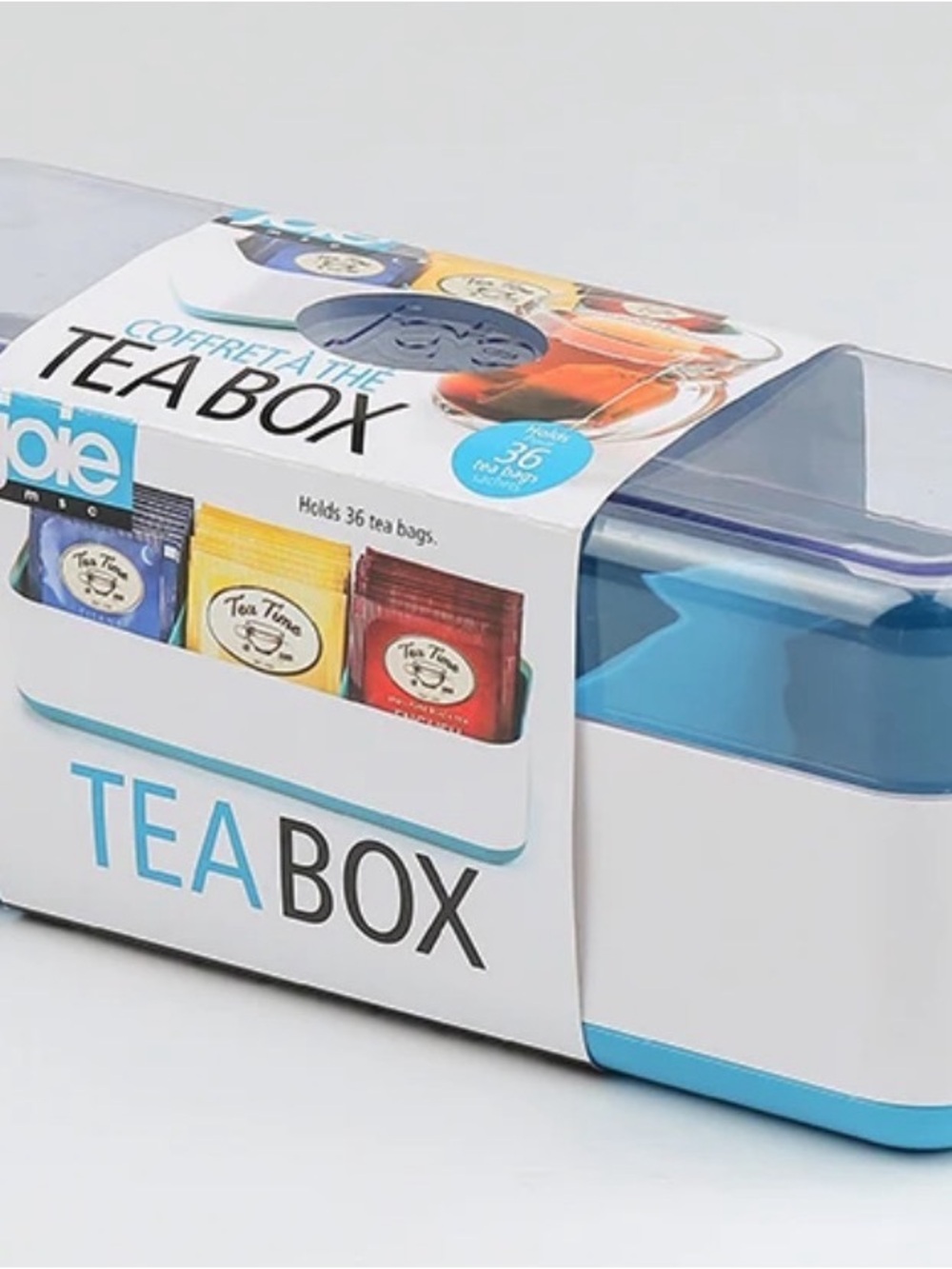 Joie Tea Box White and Blue Accent it holds 36 tea bags.